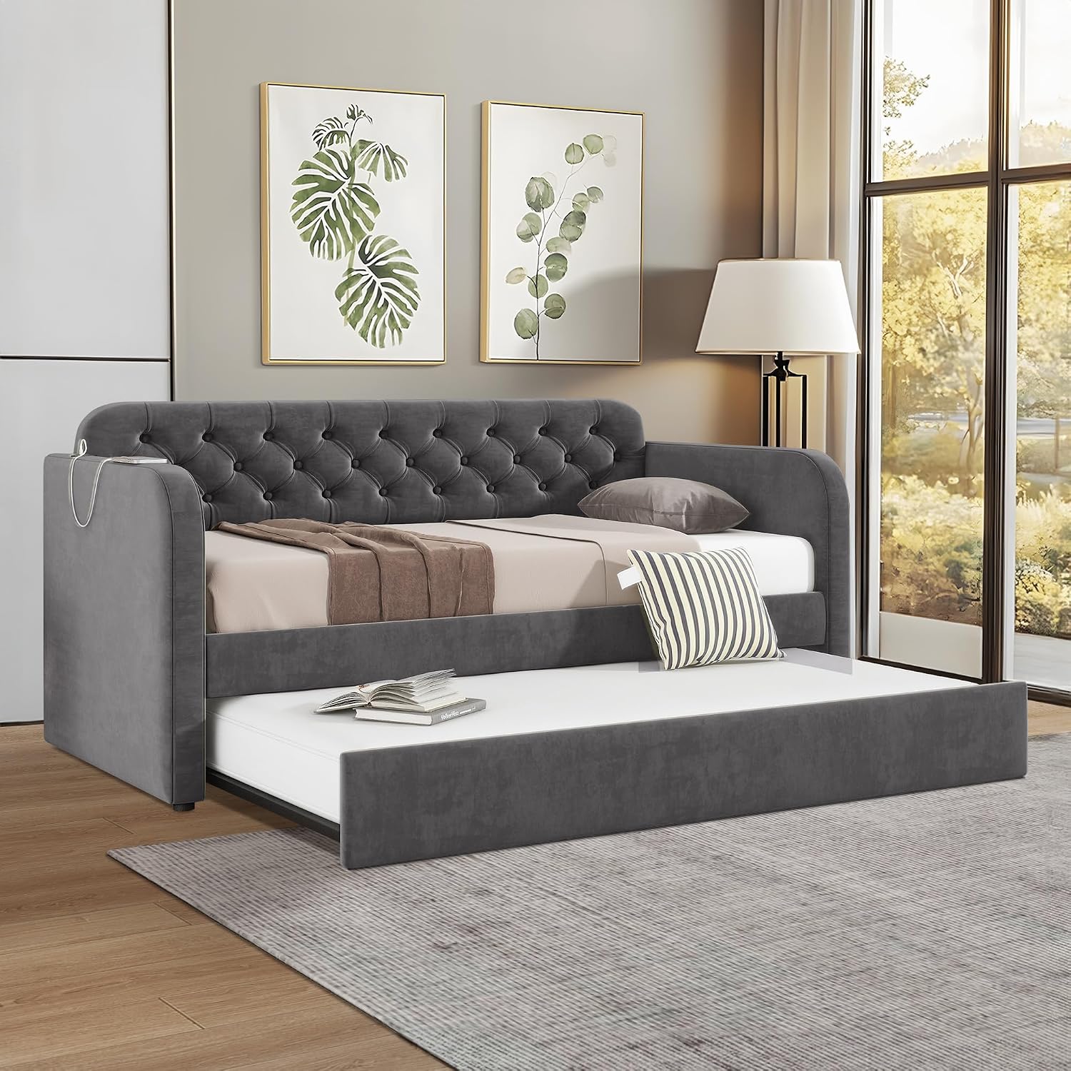 Twin Size Daybed with Trundle Bed, Upholstered Daybed with 2 USB Ports, Sturdy Metal and Wood Frame, Tufted Sofa Bed for Bedroom, No Box Spring Needed, Grey