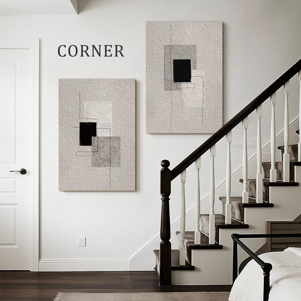 Bzstyleart Large Abstract Wall Art for Living Room, Set of 2 Modern Wall Art Minimalist Painting Neutral Artwork for Hallway Office Bedroom, Large Boho Abstract Artwork Lines & Blocks, 24 x 36 Inch