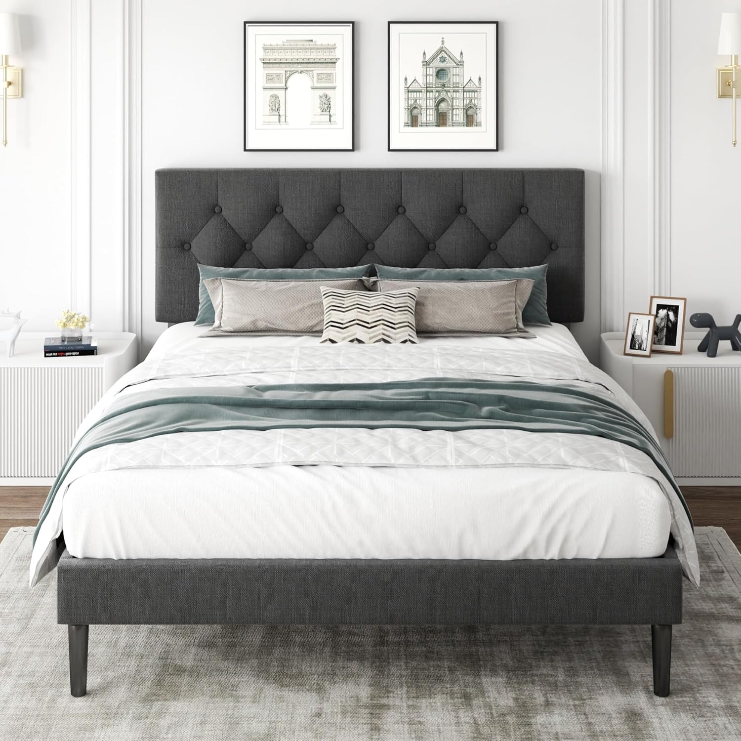 CXVX Queen Size Platform Bed Frame with Upholstered Headboard, Button Tufted Design, Strong Wooden Slats, No Box Spring Needed, Easy Assembly, Noise Free