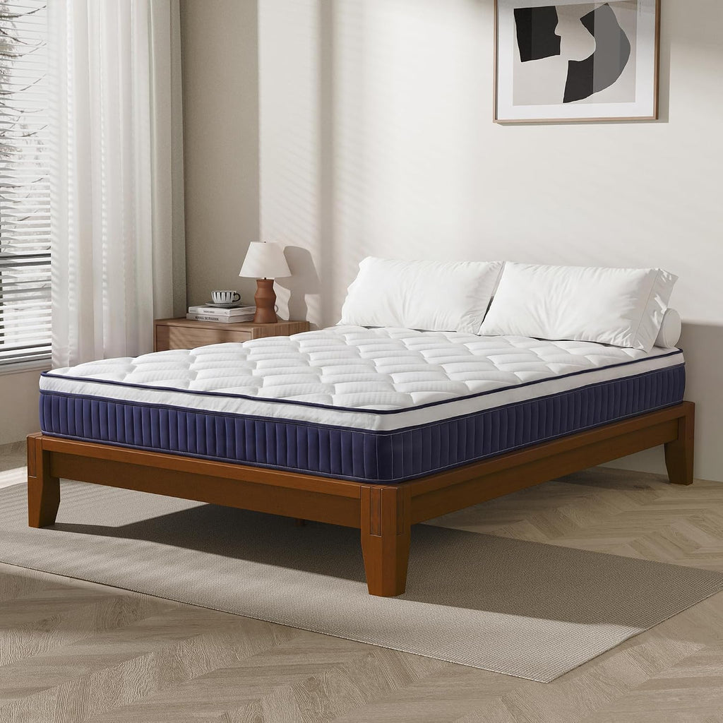 Dolonm Full Size Bamboo Bed Frame with 10' Mattress-Medium Hybrid Firm, Japanese Joinery Bed Frame and Mattress Set, Certipur-US Certified Pocket Spring, Pressure Relief, and Motion Isolation（Walnut