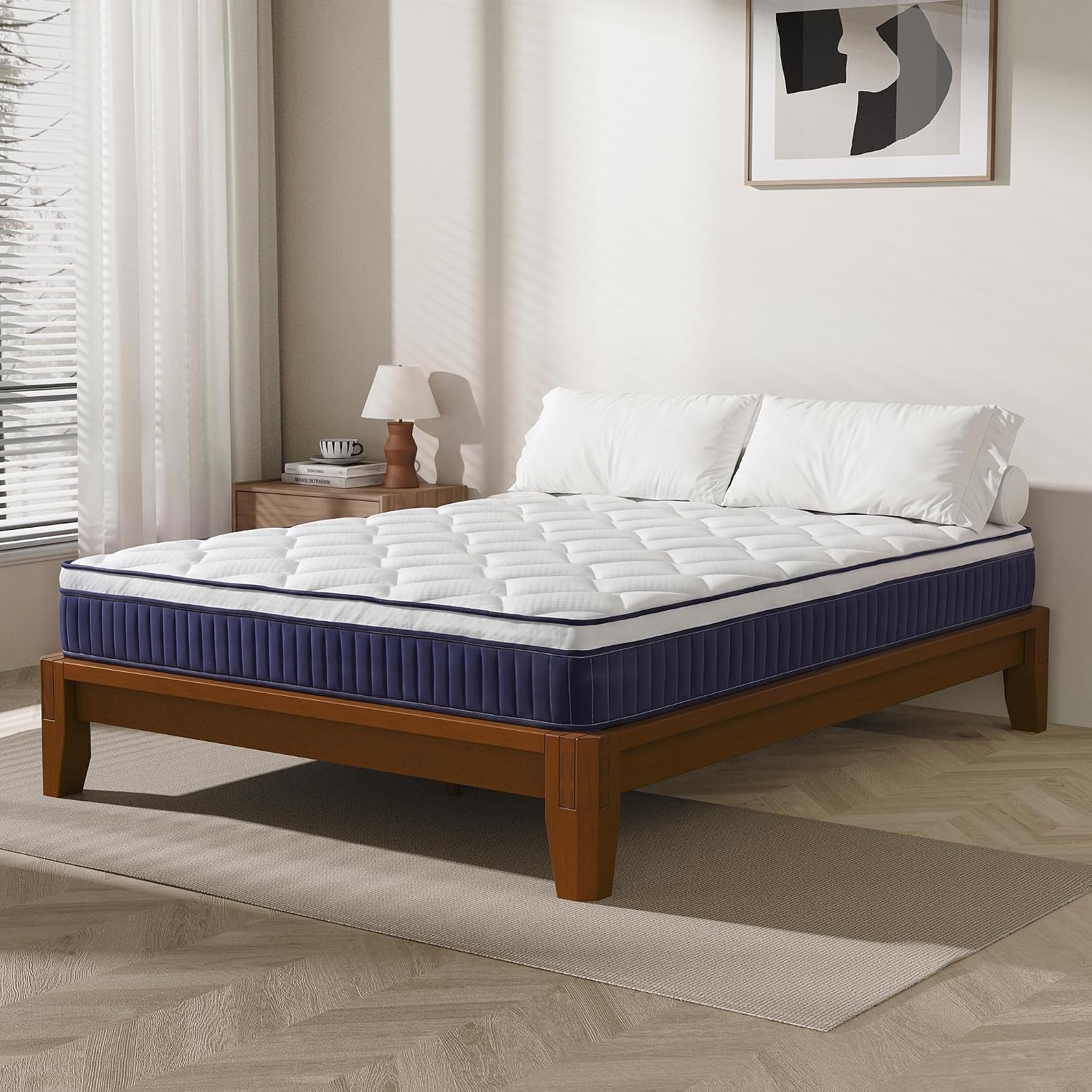 Dolonm Full Size Bamboo Bed Frame with 10' Mattress-Medium Hybrid Firm, Japanese Joinery Bed Frame and Mattress Set, Certipur-US Certified Pocket Spring, Pressure Relief, and Motion Isolation（Walnut