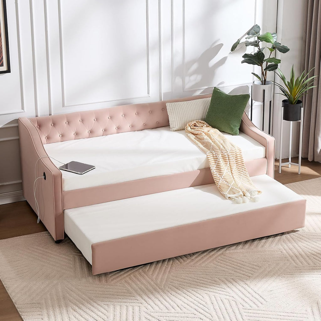 Twin to King Daybed with Trundle, USB Ports Soft Upholstered Daybed with Pop Up Trundle Bed Twin, Modern Extendable Day Bed Frame for Girls Bedroom Living Room Guest Room Small Places Blush Pink