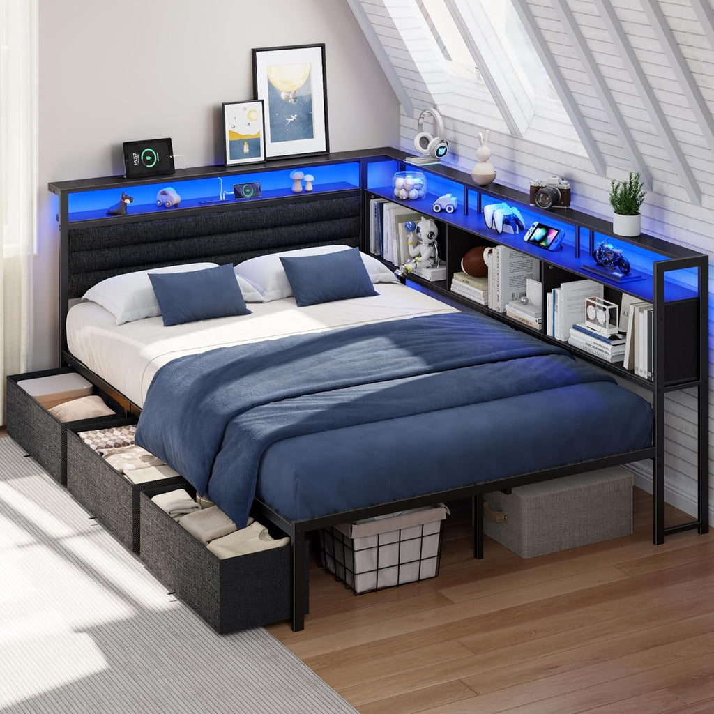 OURPIC Full Size Bed Frame with Headboard and Storage Drawers, Full Metal Platform Corner Bed Frame with Charging Station and LED Lights, Heavy Duty Strong Support Slats and Easy to Assemble, Black