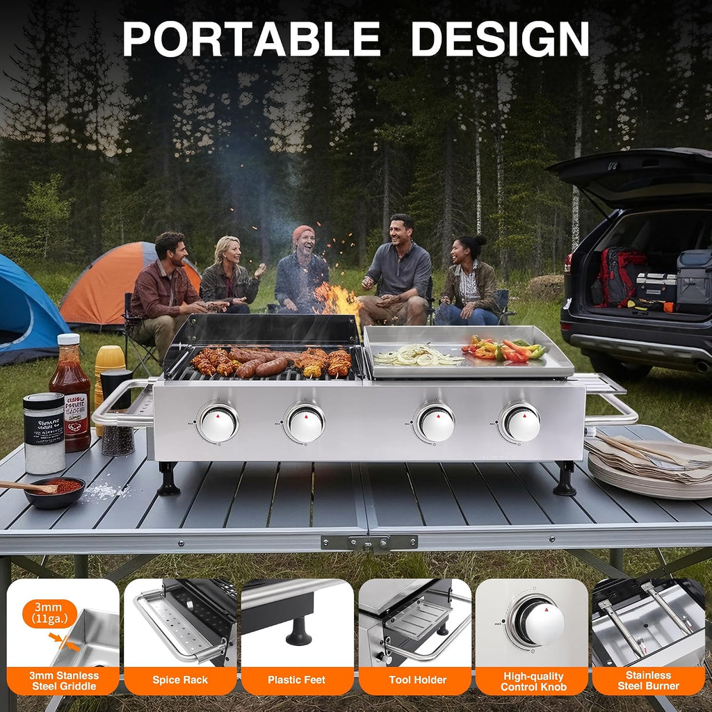 Propane Gas Griddle Grill Combo 2-in-1 – 4 Burner Flat Top Grill & Cast Iron Grate, Tabletop BBQ with Side Shelves, Stainless Steel Outdoor Cooker for Camping, Backyard, Patio, Tailgating