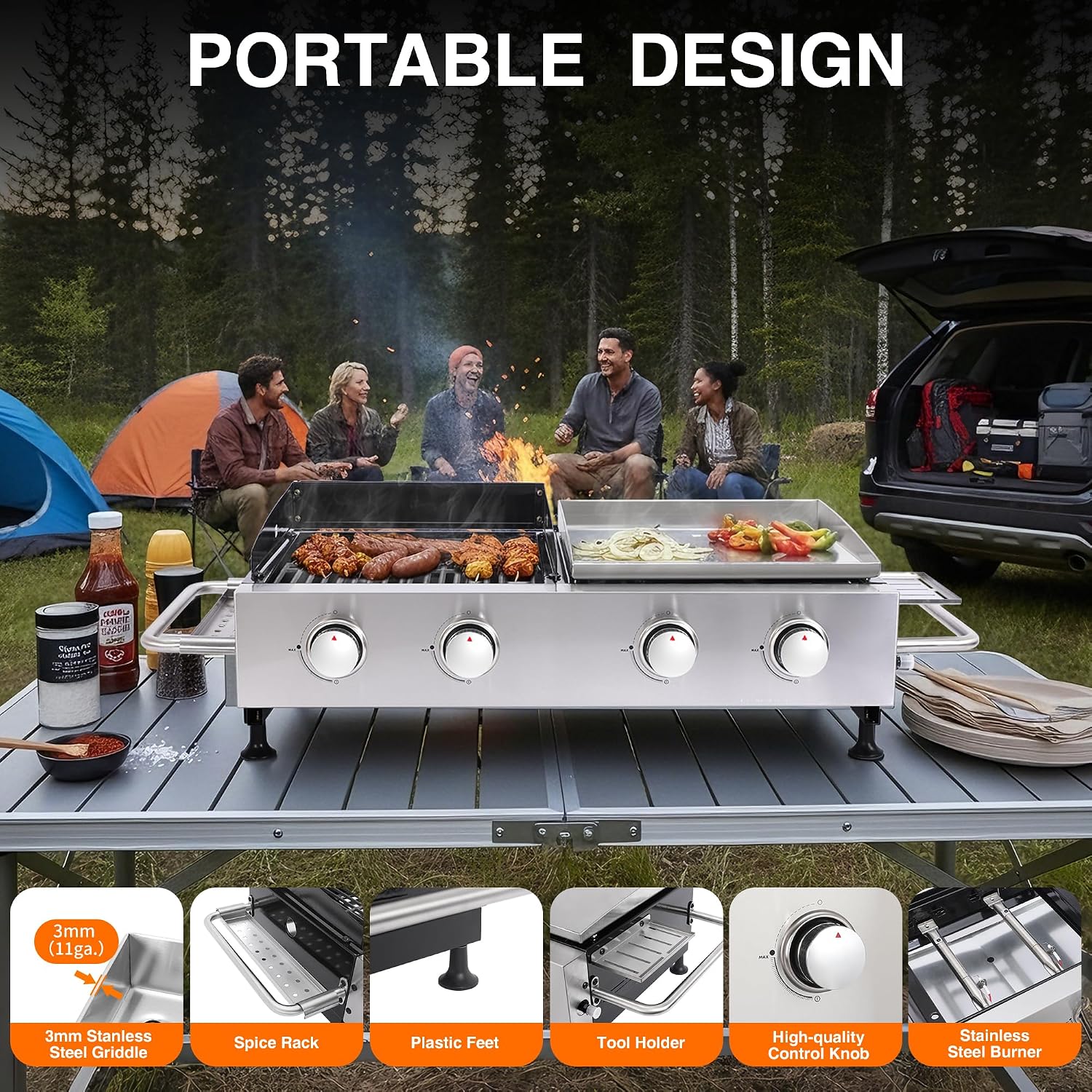 Propane Gas Griddle Grill Combo 2-in-1 – 4 Burner Flat Top Grill & Cast Iron Grate, Tabletop BBQ with Side Shelves, Stainless Steel Outdoor Cooker for Camping, Backyard, Patio, Tailgating