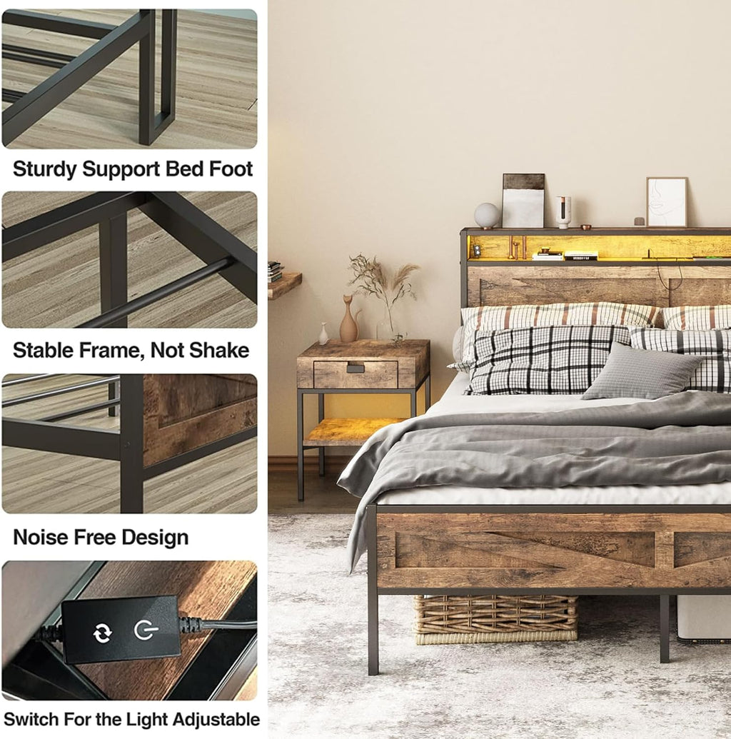 Halitaa LED Queen Size Bed Frame with Charging Station, Platform Metal Bed with Headboard Storage & USB Ports Outlets, Farmhouse Bed Frame with Lights for Bedroom, Noise Free, Brown (Queen)