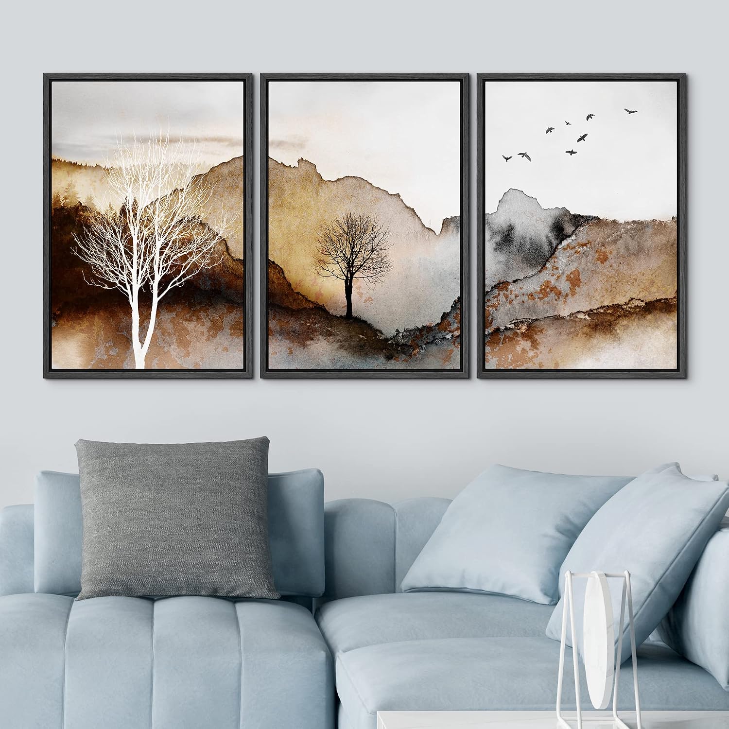 NWT Framed Canvas Print Wall Art Set Pastel Watercolor Gold Mountain Forest Nature Wilderness Illustrations Modern Art Decorative Landscape Rustic for Living Room, Bedroom, Office - 24'x36'x3 Black