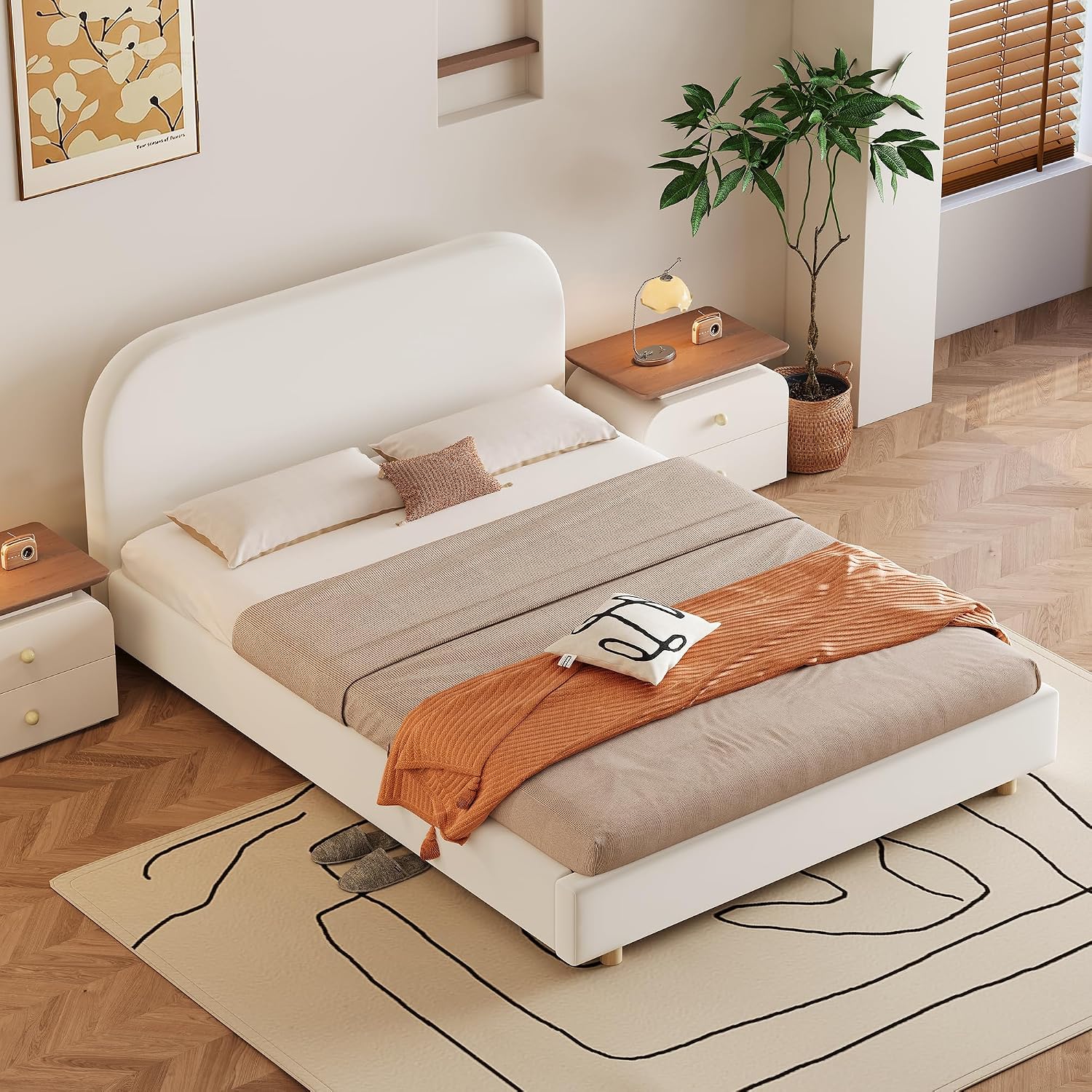 Luxurious Velvet Full Size Upholstered Platform Bed, Modern Solid Bed Frame with Curve-Shaped Design and Thick Headboard for Bedroom, Easy 15-30 min Assembly,Beige