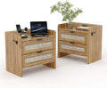 Rattan Nightstand Set of 2, Bedside Table, Modern Night Stand with Type-C Charging Station, 2 Drawer Storage Space, with Hook Included, Suitable for Bedroom, Office as a End Table, Side Tables
