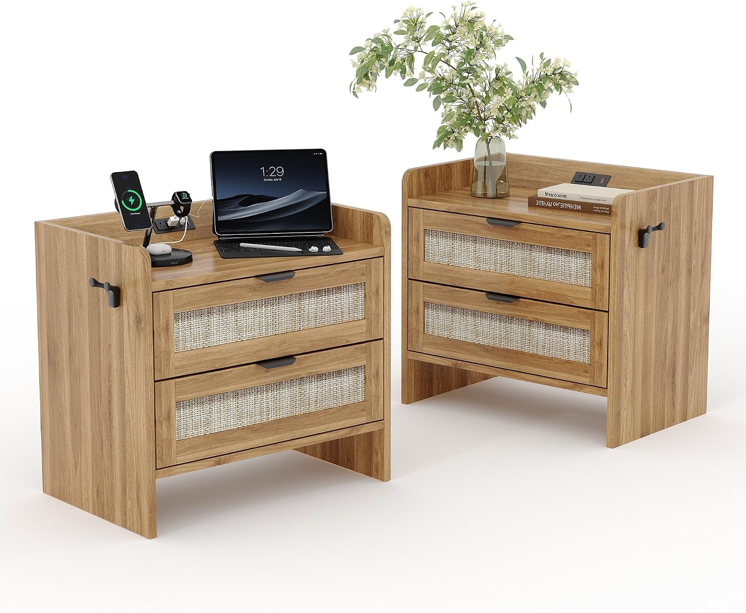 Rattan Nightstand Set of 2, Bedside Table, Modern Night Stand with Type-C Charging Station, 2 Drawer Storage Space, with Hook Included, Suitable for Bedroom, Office as a End Table, Side Tables