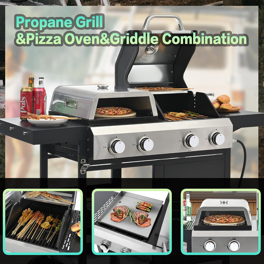 2+2 Multi function Burner Gas Grill and Griddle Combo with Cover for Outdoor Cooking While Camping or Tailgating BBQ,FRYING,PIZZA.