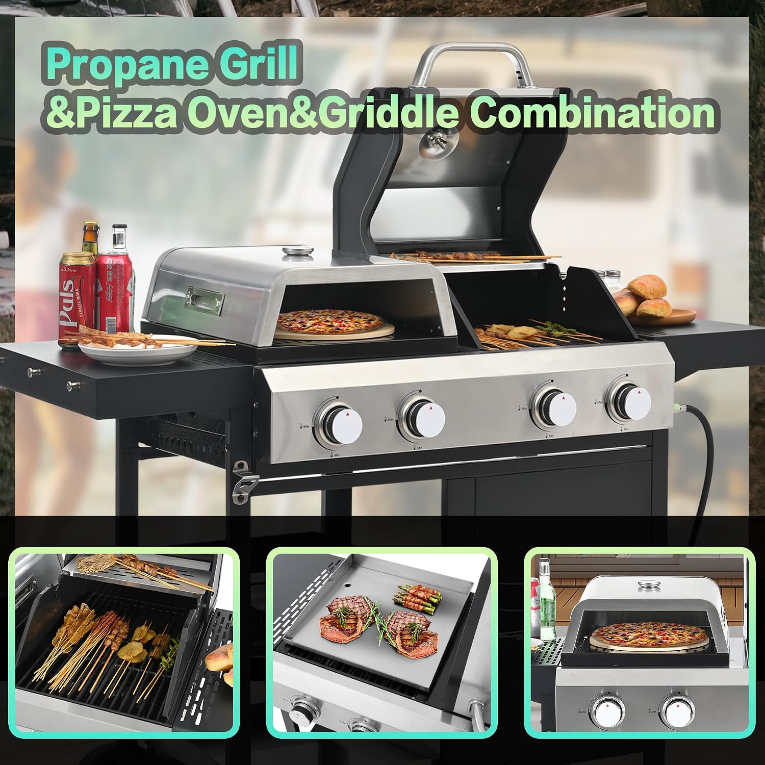 2+2 Multi function Burner Gas Grill and Griddle Combo with Cover for Outdoor Cooking While Camping or Tailgating BBQ,FRYING,PIZZA.