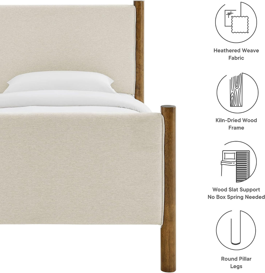 Modway Maven Twin Size Bed Frame in Ivory Walnut with Upholstered Fabric Headboard and Footboard – Wood Twin Platform Bed Frame – No Box Spring Needed