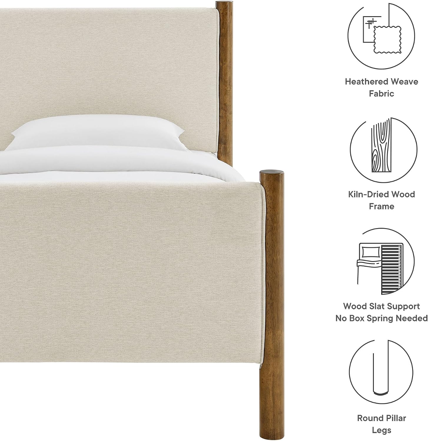 Modway Maven Twin Size Bed Frame in Ivory Walnut with Upholstered Fabric Headboard and Footboard – Wood Twin Platform Bed Frame – No Box Spring Needed