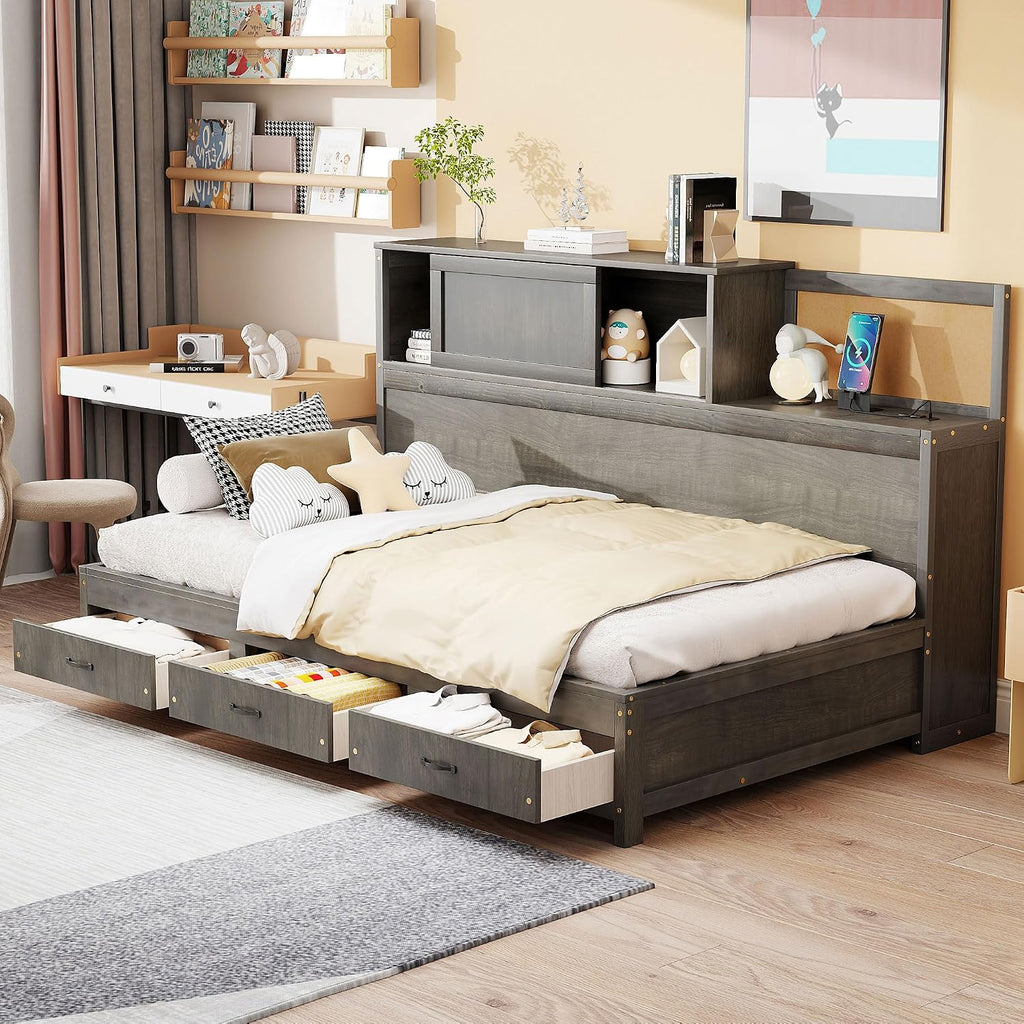 Wooden Daybed with 3 Storage Drawers, Upper Soft Board, Shelf, and a Set of Sockets and USB Ports, Twin Size, Gray