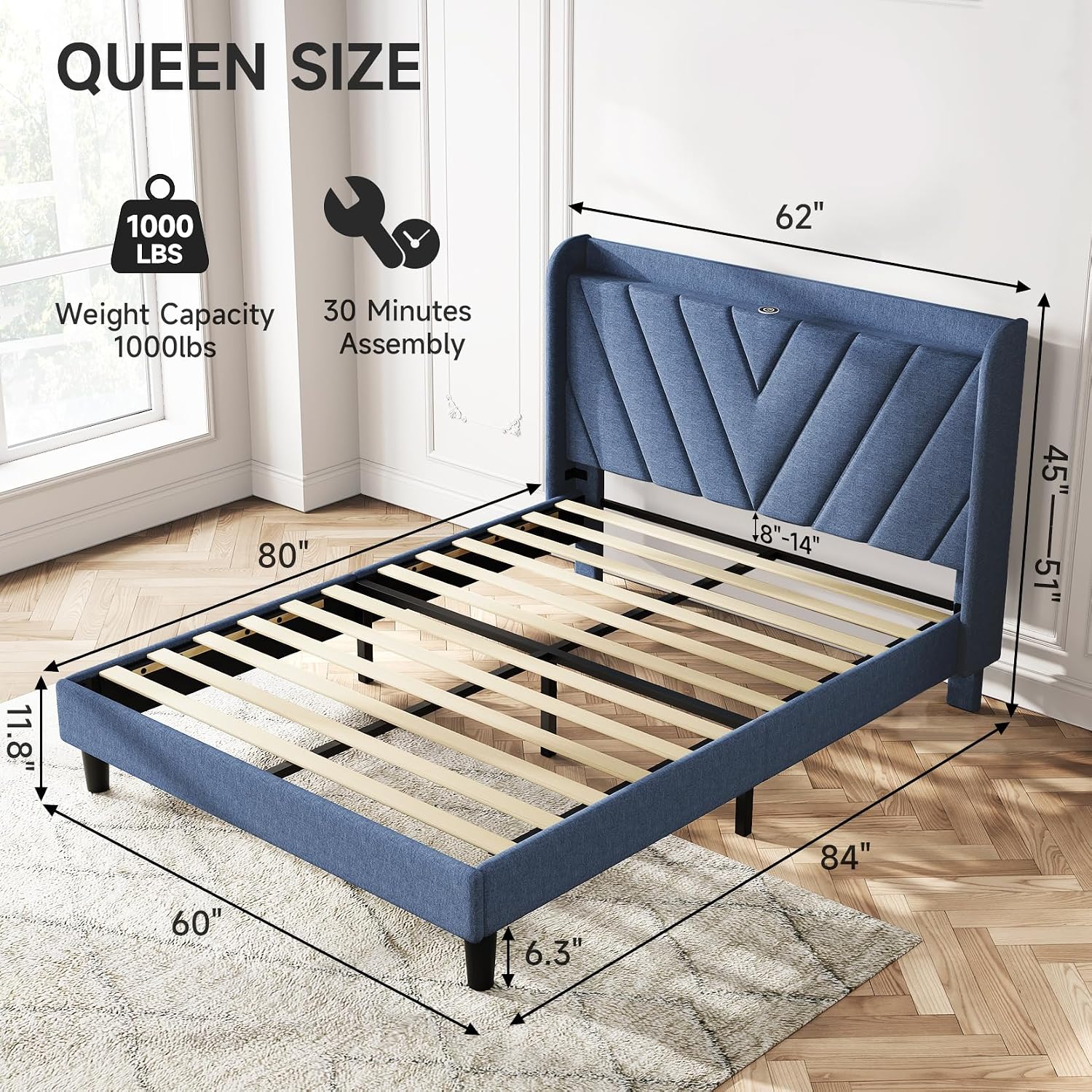 koorlian Queen Bed Frame with Headboard, Adjustable Upholstered Platform Bed Frame with Type-C&USB Ports, Wingback Storage Headboard, Solid Wood Slats Support, No Box Spring Needed, Dark Blue