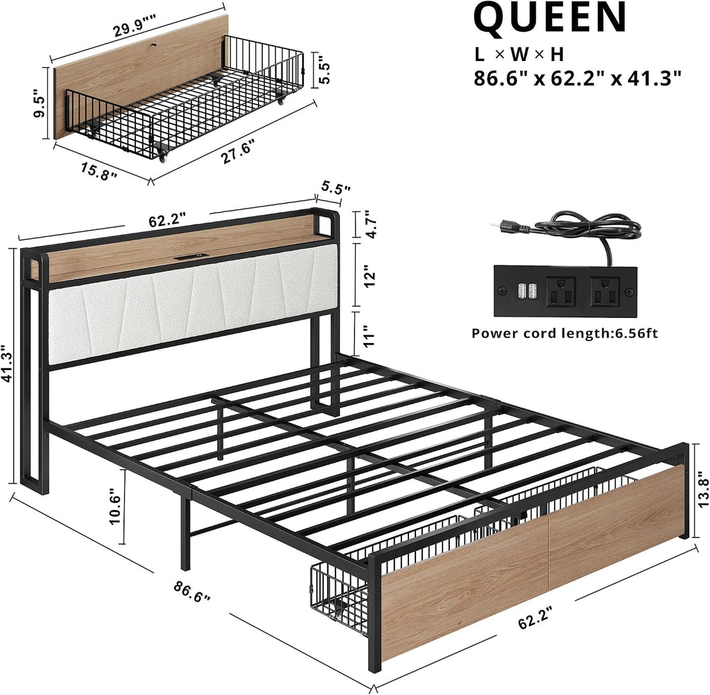 LIKIMIO Queen Size Bed Frame, Storage Headboard with Charging Station, Platform Bed with Drawers, No Box Spring Needed, Easy Assembly, Wood and Cream