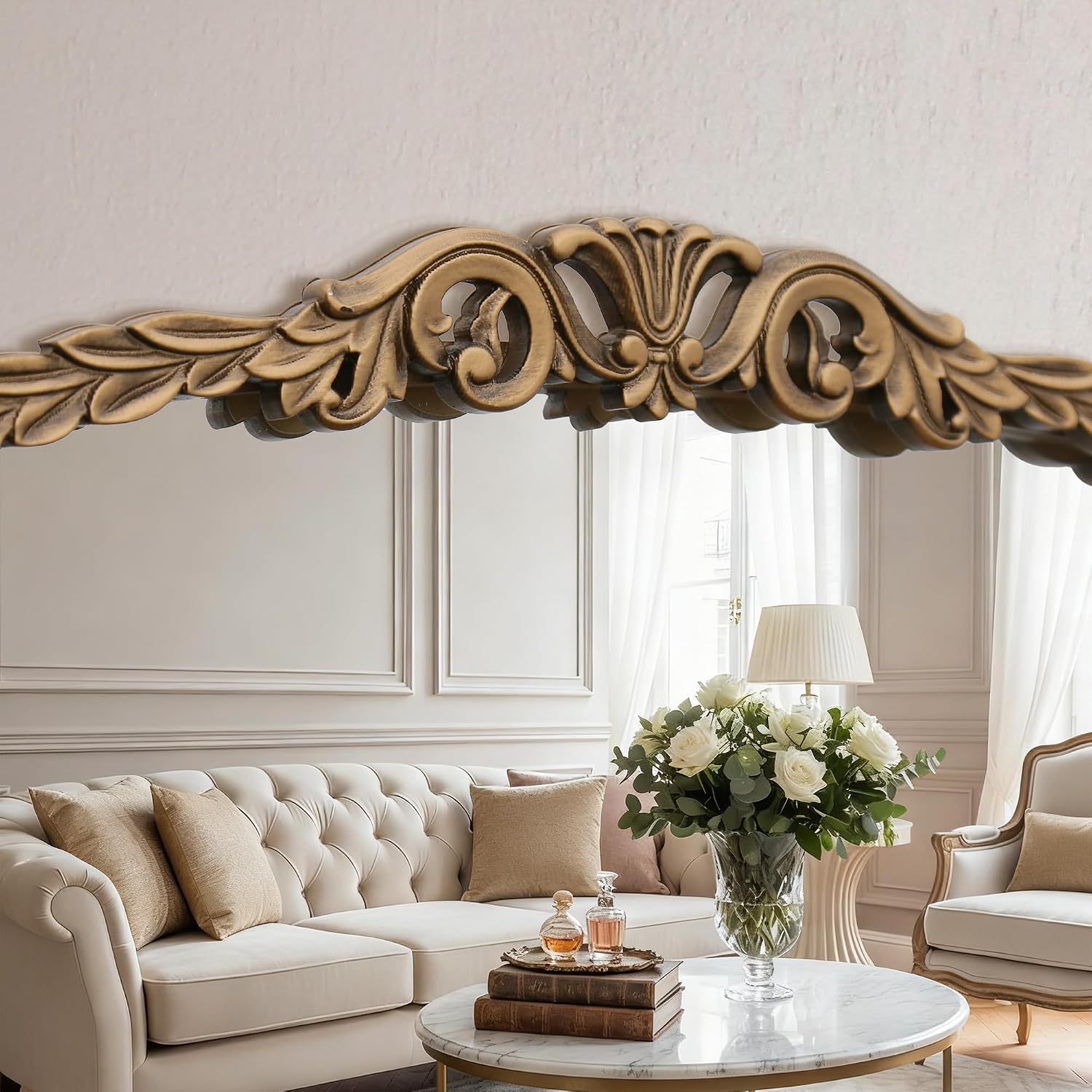 Besdomus Gold Vintage Vanity Mirror: 32'x 24' French Baroque Arched Mirror - Traditional Ornate Antique for Fireplace/Bathroom/Entryway/Dresser - Home Decor for Living Room