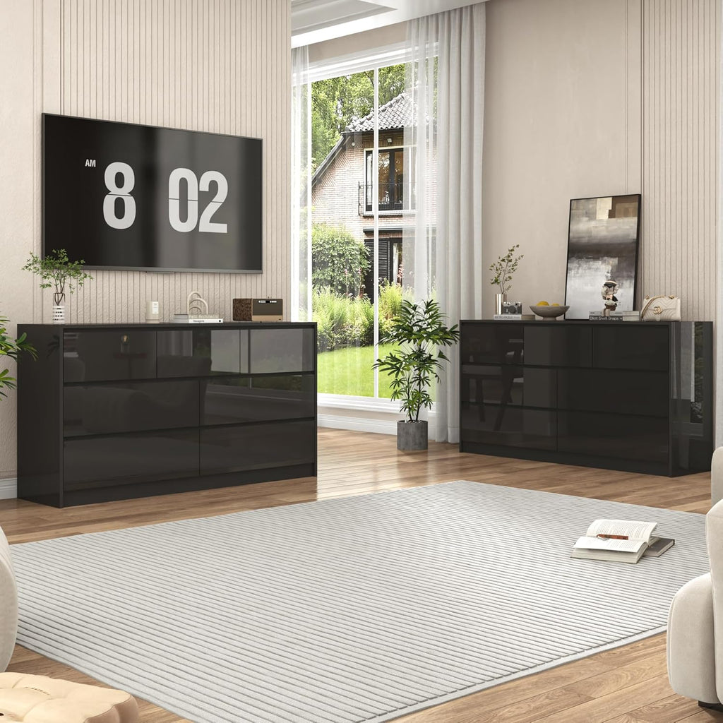jiteentarou Black Malm Dresser for Bedroom, 55 Inch Long High Gloss Dresser with 7 Drawers, Modern Large Wood Chest of Drawer Handle Free, Living Room, Entryway, Hallway, Black