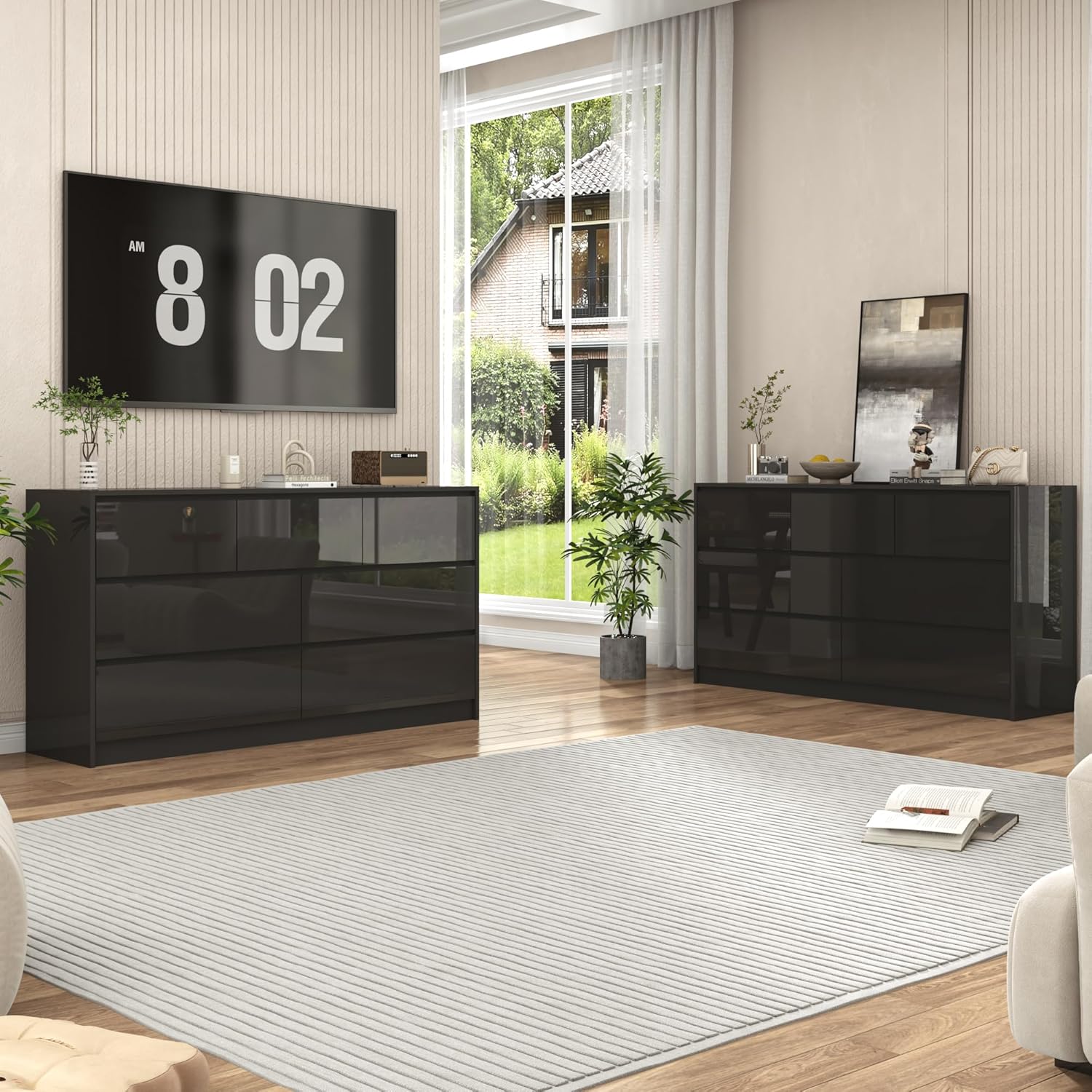 jiteentarou Black Malm Dresser for Bedroom, 55 Inch Long High Gloss Dresser with 7 Drawers, Modern Large Wood Chest of Drawer Handle Free, Living Room, Entryway, Hallway, Black