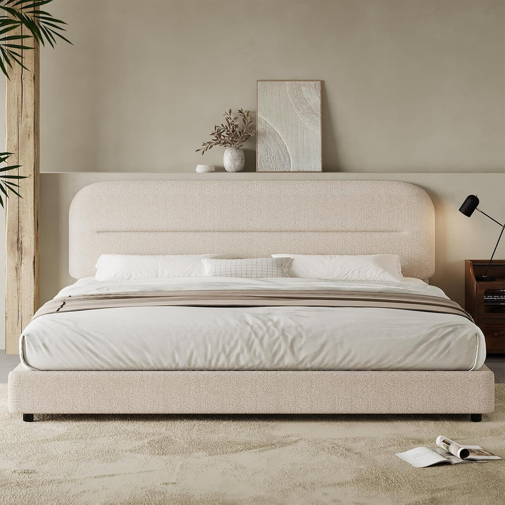 HOMBCK King Size Boucle Bed Frame, Upholstered Cloud Bed Frame with Headboard, Soft Platform Bed Frame with Thickened Footboard, Rounded Corners, No Box Spring Required, Easy Assembly, Beige