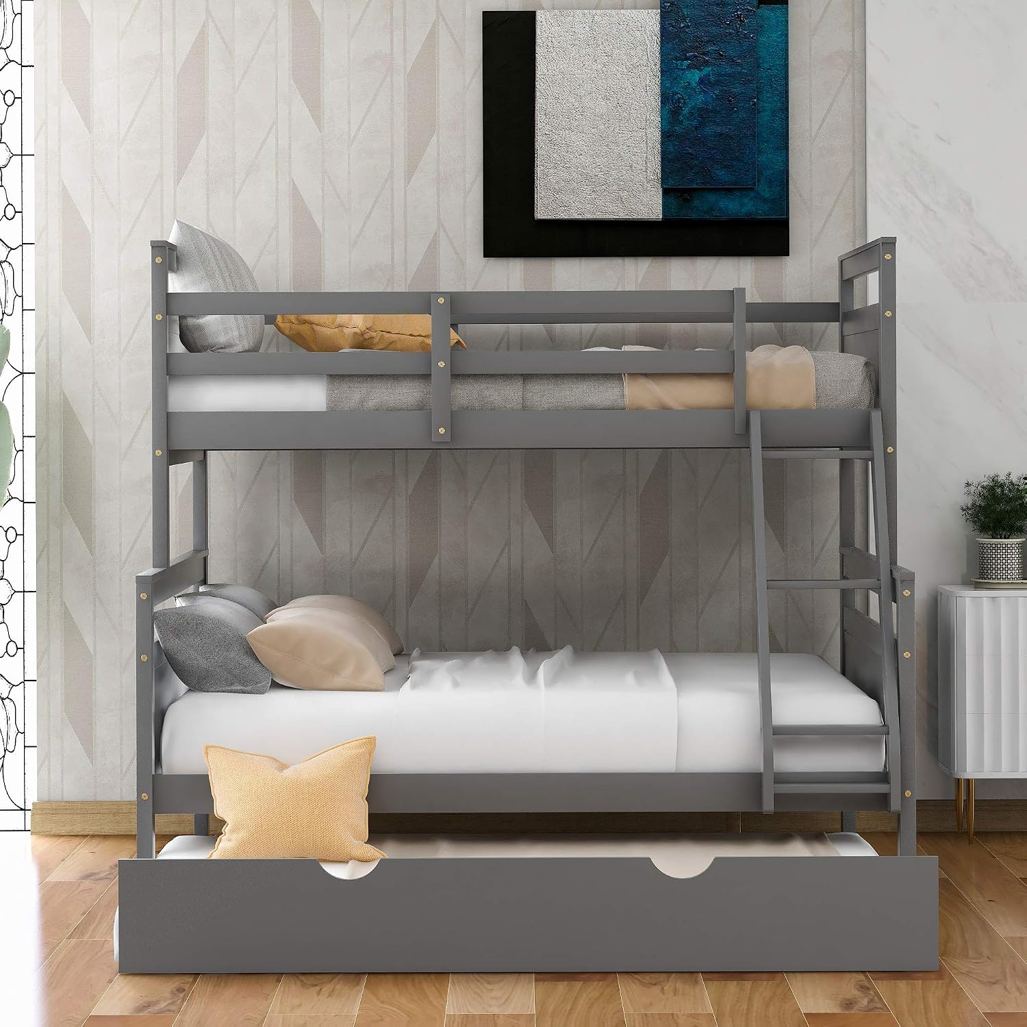 Twin Over Full Bunk Bed with Ladder and Twin Size Trundle,Bedroom Wood Bed Frame W/Safety Full-Length Guardrail,No Box Spring Required,for Kids Teens Girls Boys,Gray