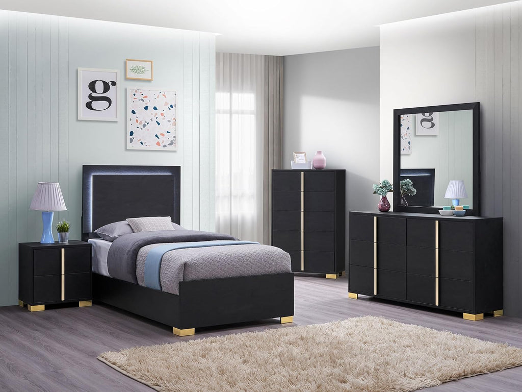 Coaster Home Furnishings Marceline Contemporary 5-Piece Bedroom Set Twin Size LED Panel Bed Frame 51-inch Headboard Black 222831T-S5