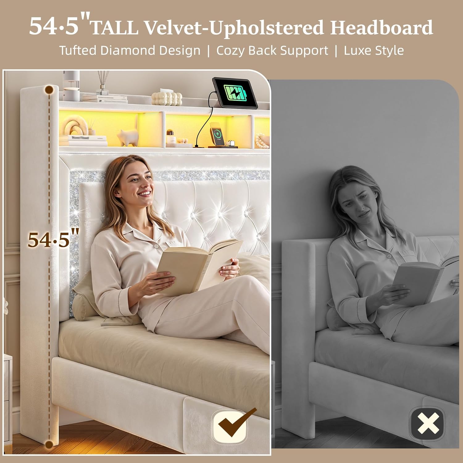 Homkdom Floating Bed Frame Queen with LED Lights & Charging Station, Upholstered Queen Bed Frame with Tall Velvet Storage Headboard, Heavy Duty Metal Slats/No Box Spring Needed/No Noise, Modern,Beige