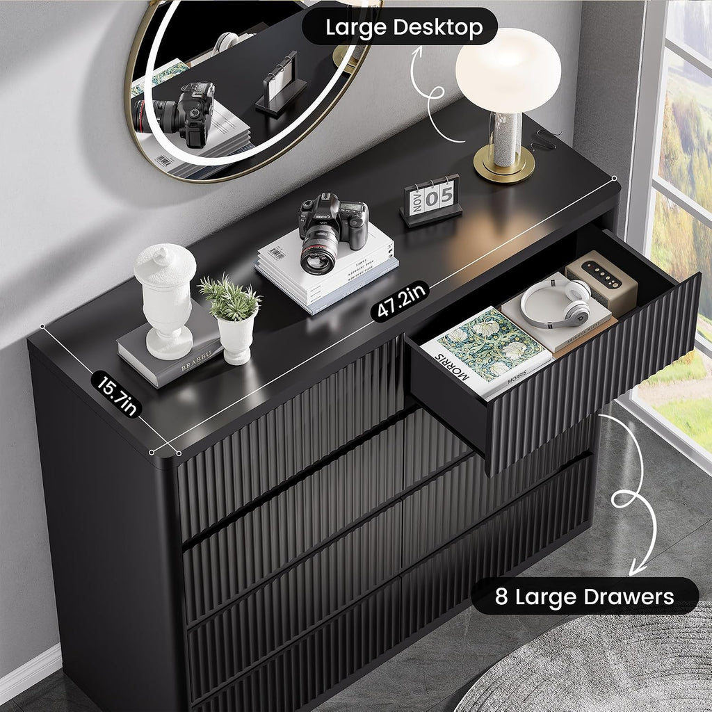 Standifurno Black Dresser for Bedroom, 8 Drawers Double Fluted Dressers, Modern Chest of Drawers with Curved Profile, Handleless, Storage Closet Dressers for Bedroom, Living Room, Entryways