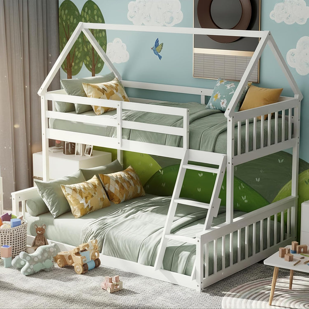KOMFOTT Wood Twin Over Full House Bunk Bed with Built in Ladder, Solid Pine Wood Bunk Bed Frame with Safety Guardrails, House Bunk Bed Frame for Kids, Teens, Juniors, No Box Spring Needed (White)