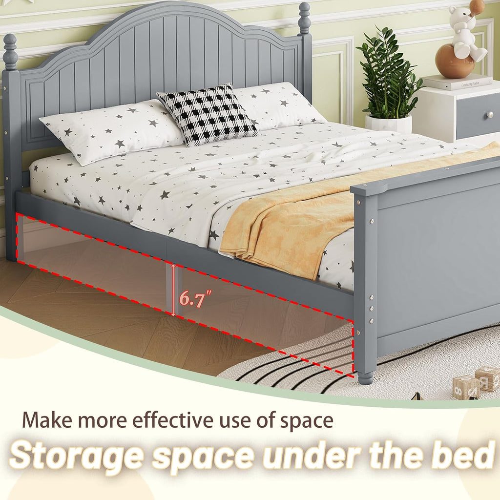 Full Size Kids Bed with Full-Length Guardrail,Low Profile Bed Frame with Headboard and Footboard,Wooden Platform Bed with 6.7-inch Under Bed Storage,Slats Support,Roman Column Design,Gray