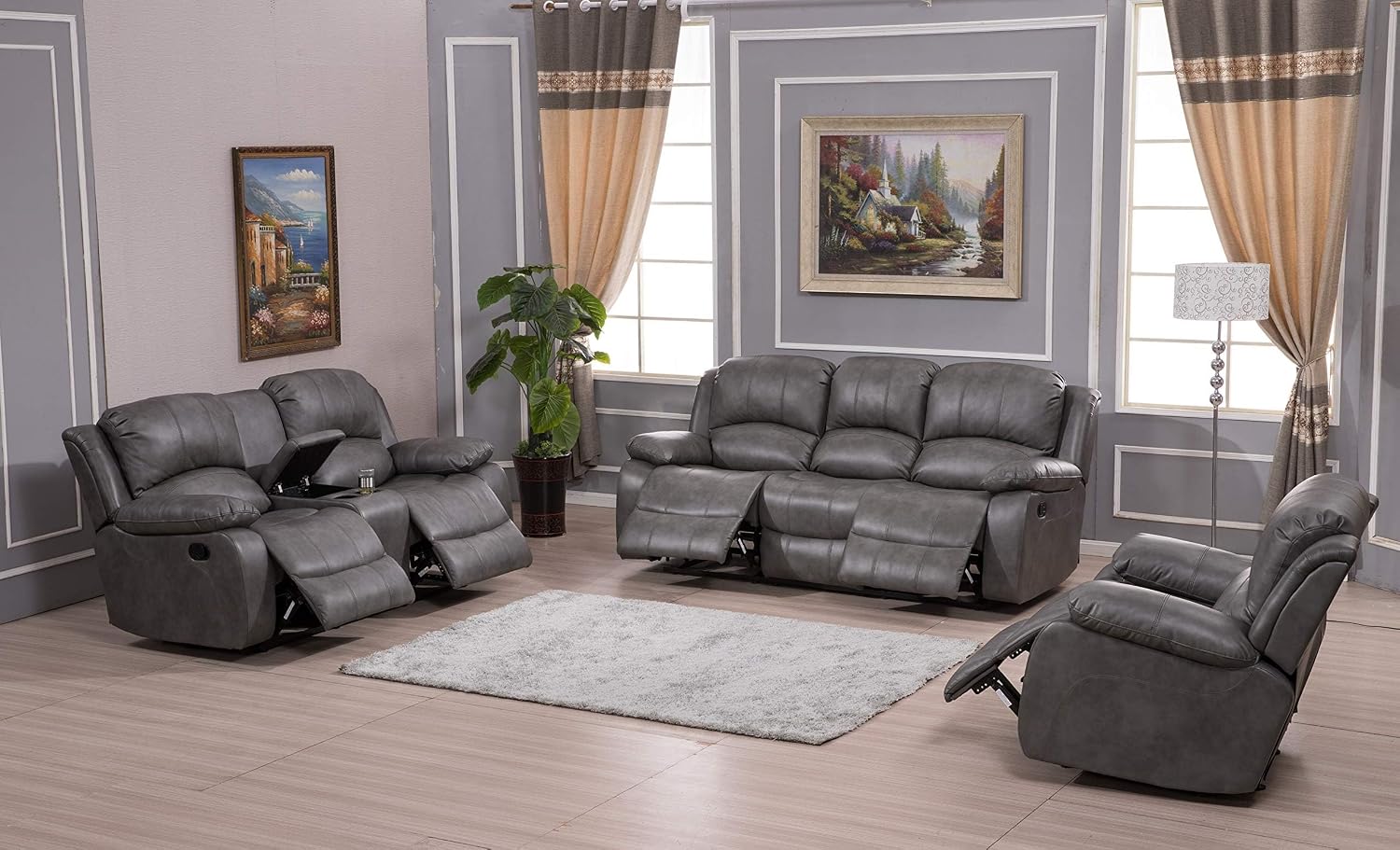Betsy Furniture 3PC Faux Leather Reclining Couch Set, Living Room Furniture Set, Sofa, Loveseat, Glider, 8018 Multiple Colors (Gray, Sofa+Loveseat+Chair) | 8018