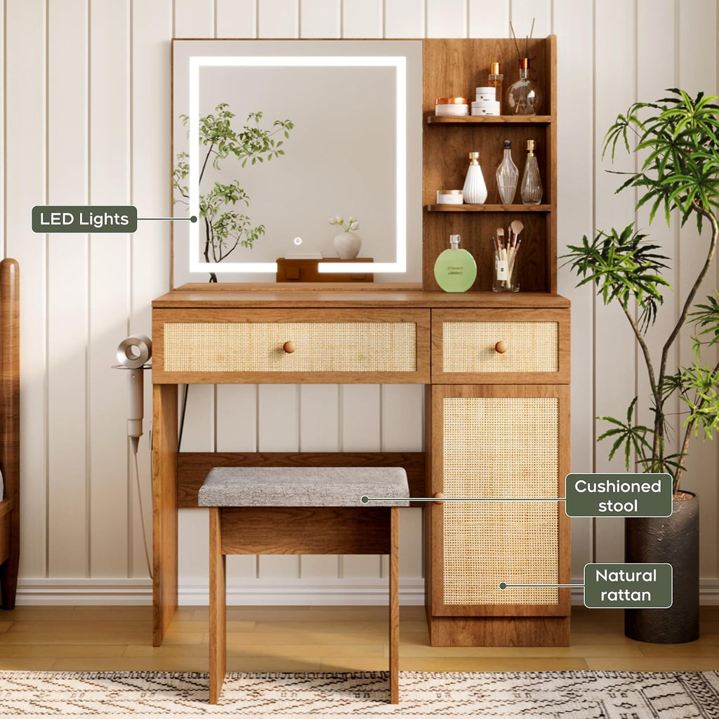 Yechen Boho Makeup Vanity Desk with LED Lighted Mirror & Power Strip, 35' Wooden Dressing Table Set with Rattan Drawers, Storage Shelves and Cushioned Stool for Bedroom, for Girls Women