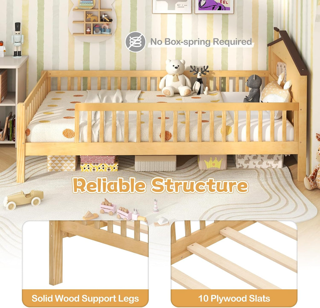 KOMFOTT Twin Bed Frame with Rails & House Shaped Headboard, Solid Wood Platform Bed with Safety Guardrails, Storage Cube & Under-Bed Storage, No Box Spring Needed, Twin Bed with Rails (Natural)