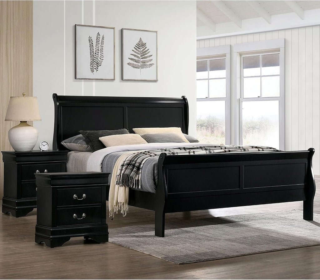 Furniture of America Hypatia Transitional Wood 3-Piece Set, Sleigh Panel Bed and 2-Drawer Nightstand for Bedroom, Full, Black