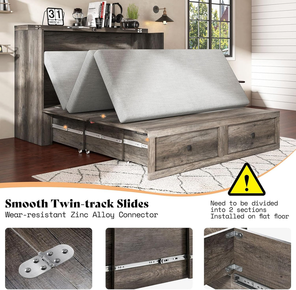 AMERLIFE Queen Murphy Bed with Storage & Charging Station, Farmhouse Murphy Cabinet with Foldable Panel, Noisy Free, for Living Room, Guest Bedroom, Office, Rustic Grey