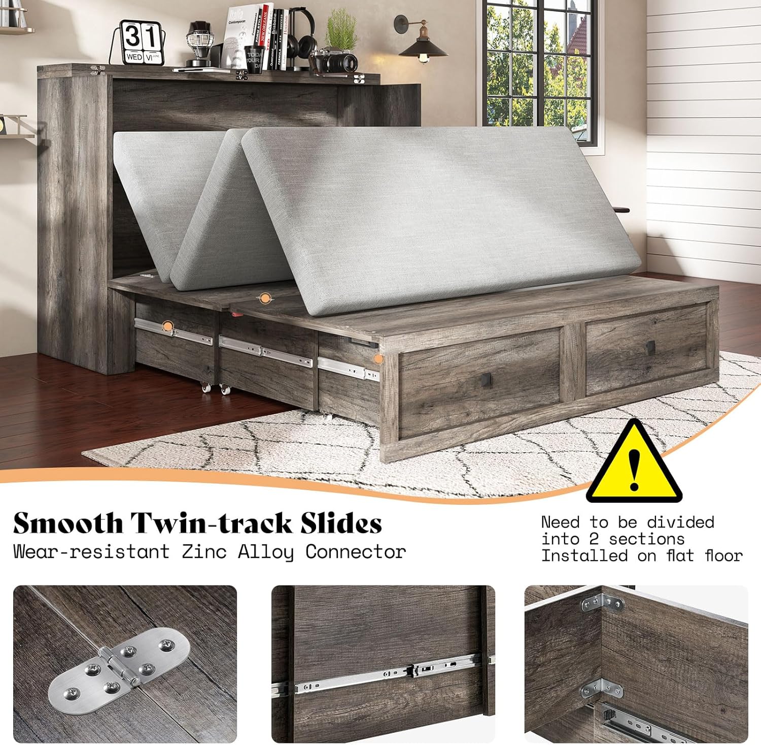 AMERLIFE Queen Murphy Bed with Storage & Charging Station, Farmhouse Murphy Cabinet with Foldable Panel, Noisy Free, for Living Room, Guest Bedroom, Office, Rustic Grey