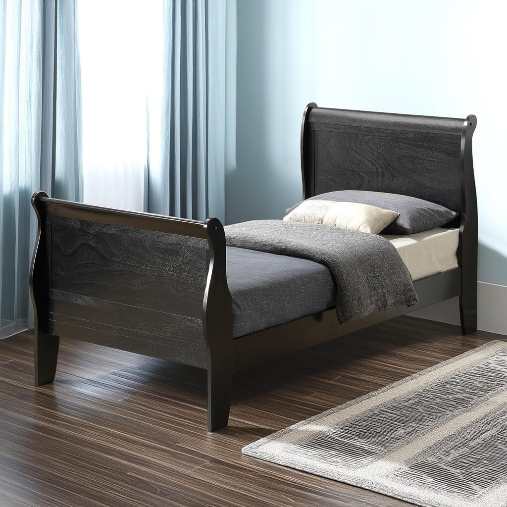 GDFStudio Twin Size Wood Platform Bed Frame, Classic Sleigh Design with Curved Trim & Wood Posts,Easy Assembly, Box Spring Required,Timeless Elegant Bedroom Furniture,Black