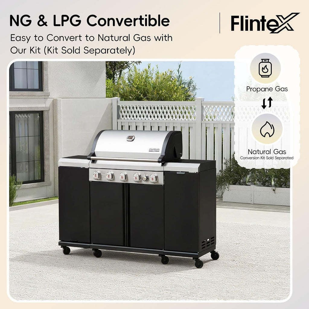 Flintex 5-Burner Propane Gas Kitchen Grill Island with Side Burner,52,000 BTU Stainless Steel BBQ Outdoor Griddle Grill Combo with LPG/NG Convertible and Storage Cabinets & Fold-out Table, Black