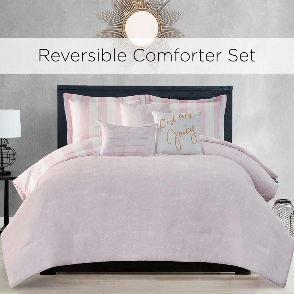 Juicy Couture Cabana Stripe Reversible Bedding Set - Queen/Full Size - Dogwood Pink/White Stripe Print – 6 Piece Set – Includes 1 90' x 90' Comforter, 3 Decorative Pillows, 2 Shams