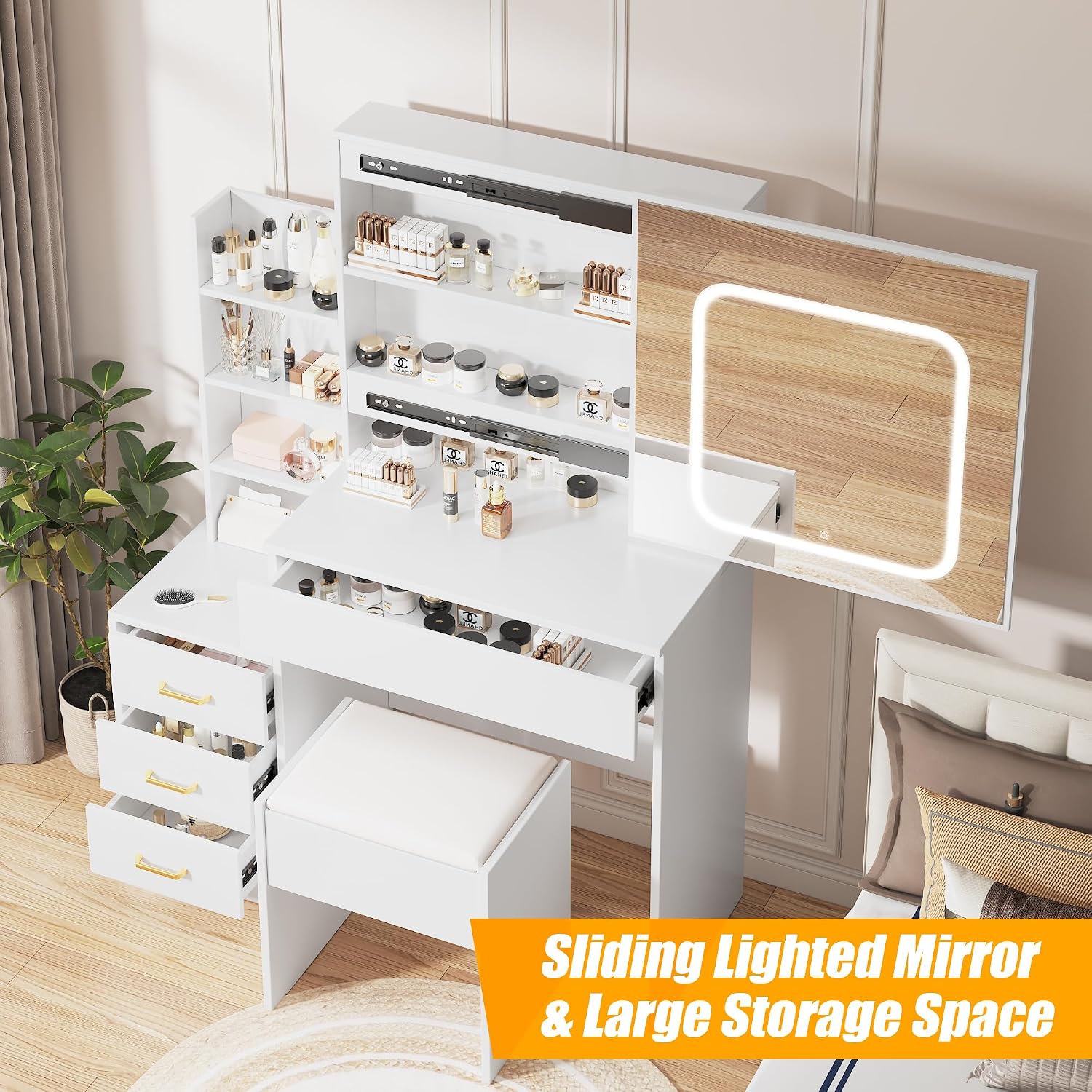Vanity Desk With Mirror and LED Lights, Makeup Vanity Desk With Sliding Mirror, Power Outlet, 3 Color Adjustable Light, Dressing Table With 4 Drawers, Storage Shelves & Stool for Bedroom, White