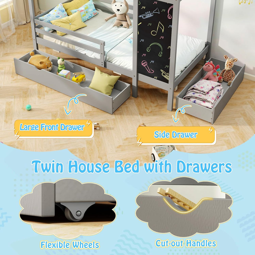 Giantex Twin Bed with 2 Storage Drawers, Solid Wood House Bed with Blackboard & Safety Guardrails, Twin House Bed w/Slats Support, No Box Spring Needed, Twin Bed Frames for Kids Girls Boys (Grey)