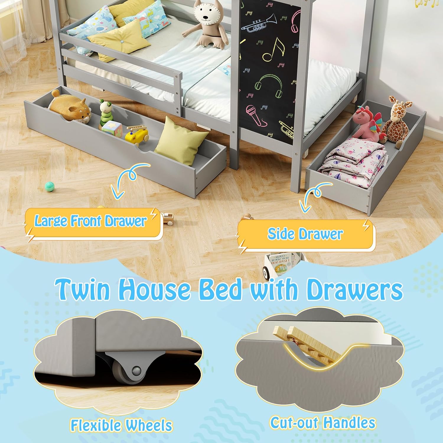Giantex Twin Bed with 2 Storage Drawers, Solid Wood House Bed with Blackboard & Safety Guardrails, Twin House Bed w/Slats Support, No Box Spring Needed, Twin Bed Frames for Kids Girls Boys (Grey)