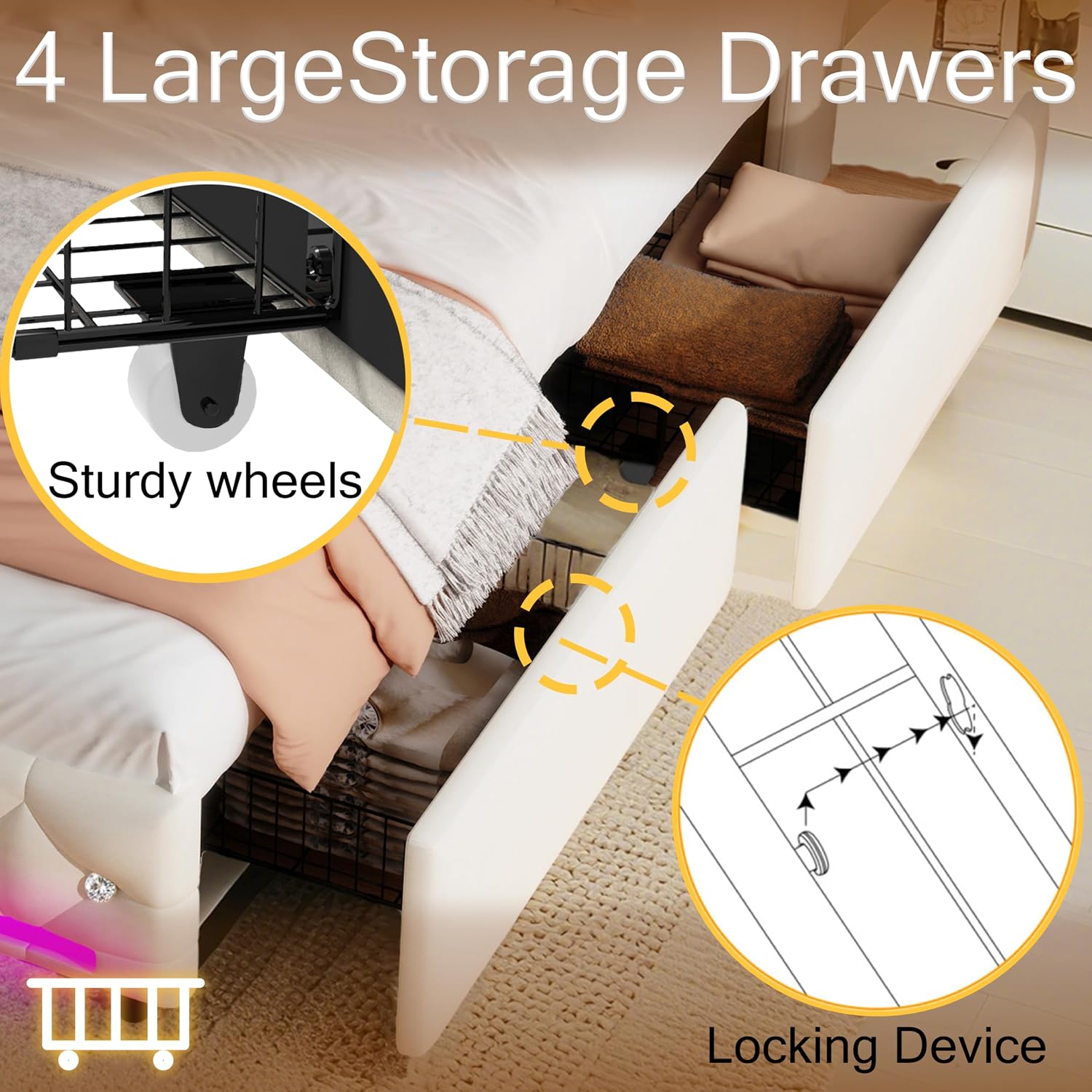 Juego 5-in-1 LED Light Queen Bed Frame with Bluetooth Speakers,Upholstered Platform Bed with USB & Type-C Charging Station,4 Drawers Storage and Wooden Slats Support,Velvet Bed with Headboard,Beige