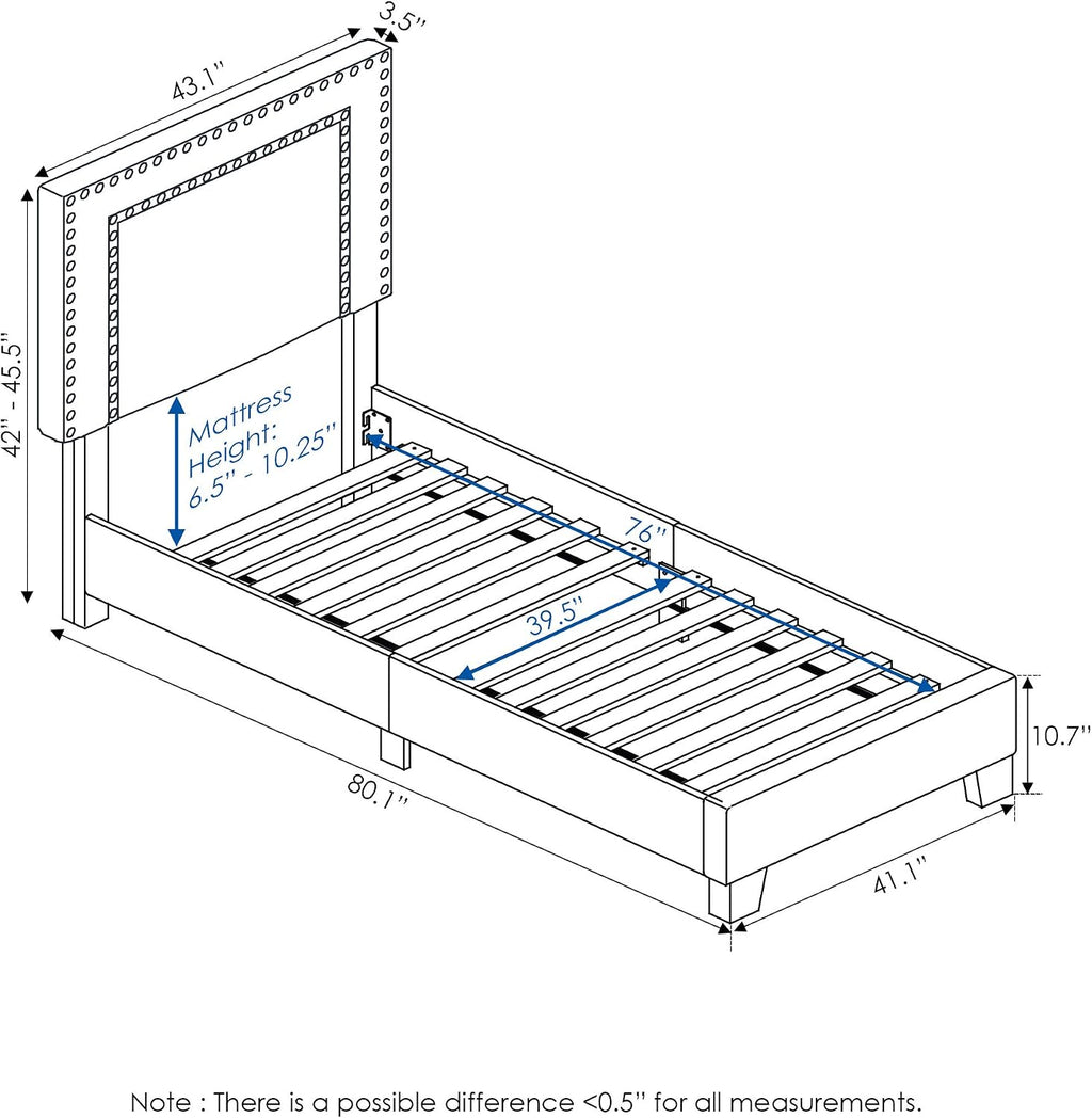 Furinno Laval Double Row Nail Head 12PC Slat Style Bed Frame, Twin, Linen