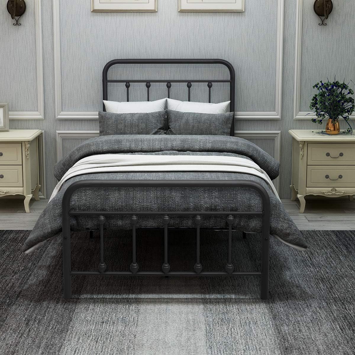 DUMEE Metal Twin Bed Frames with Vintage Headboard and Footboard Sturdy Premium Steel Slat Support No Box Spring Needed, Textured Black