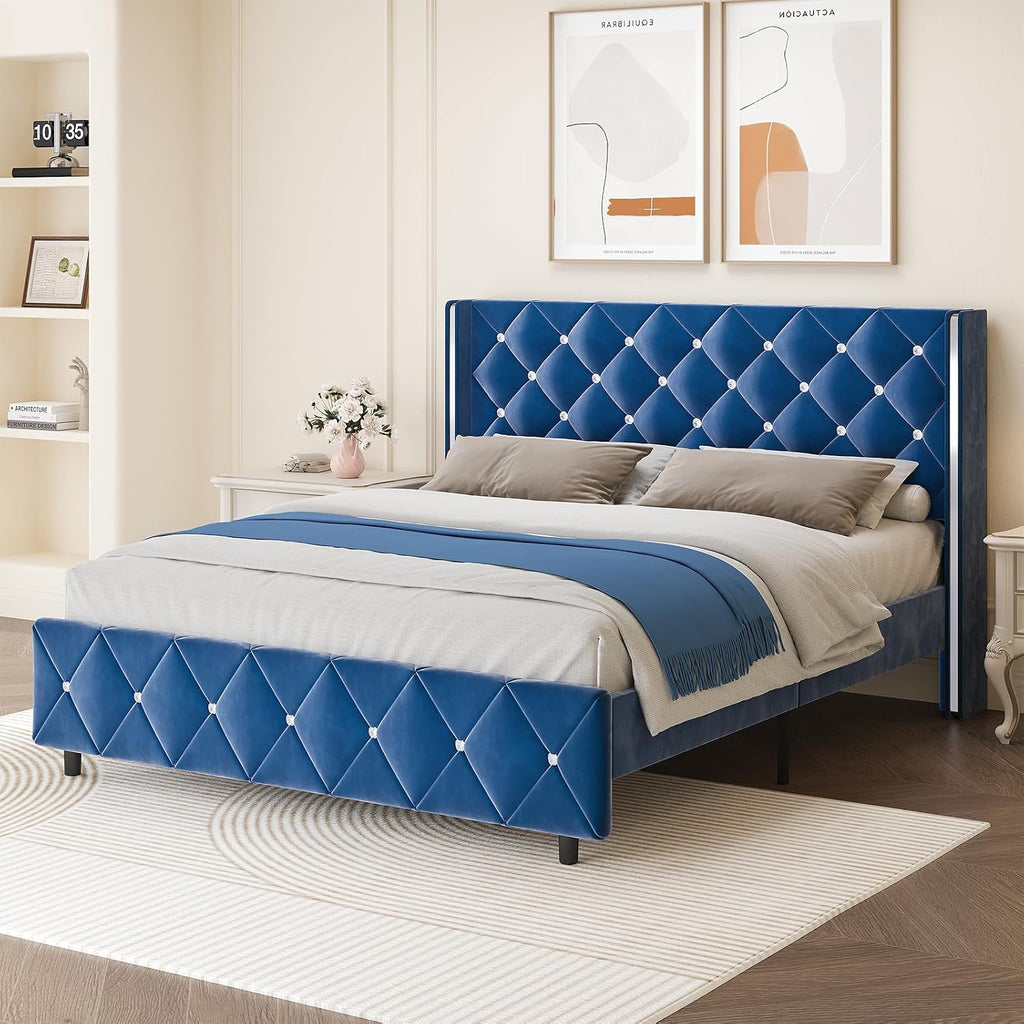 HOMBCK Full Size Bed Frame, Upholstered Bed with Diamond Headboard, Black Velvet Bed Frame with Wingback Headboard & Footboard, No Box Spring Needed, Easy Assembly, Blue