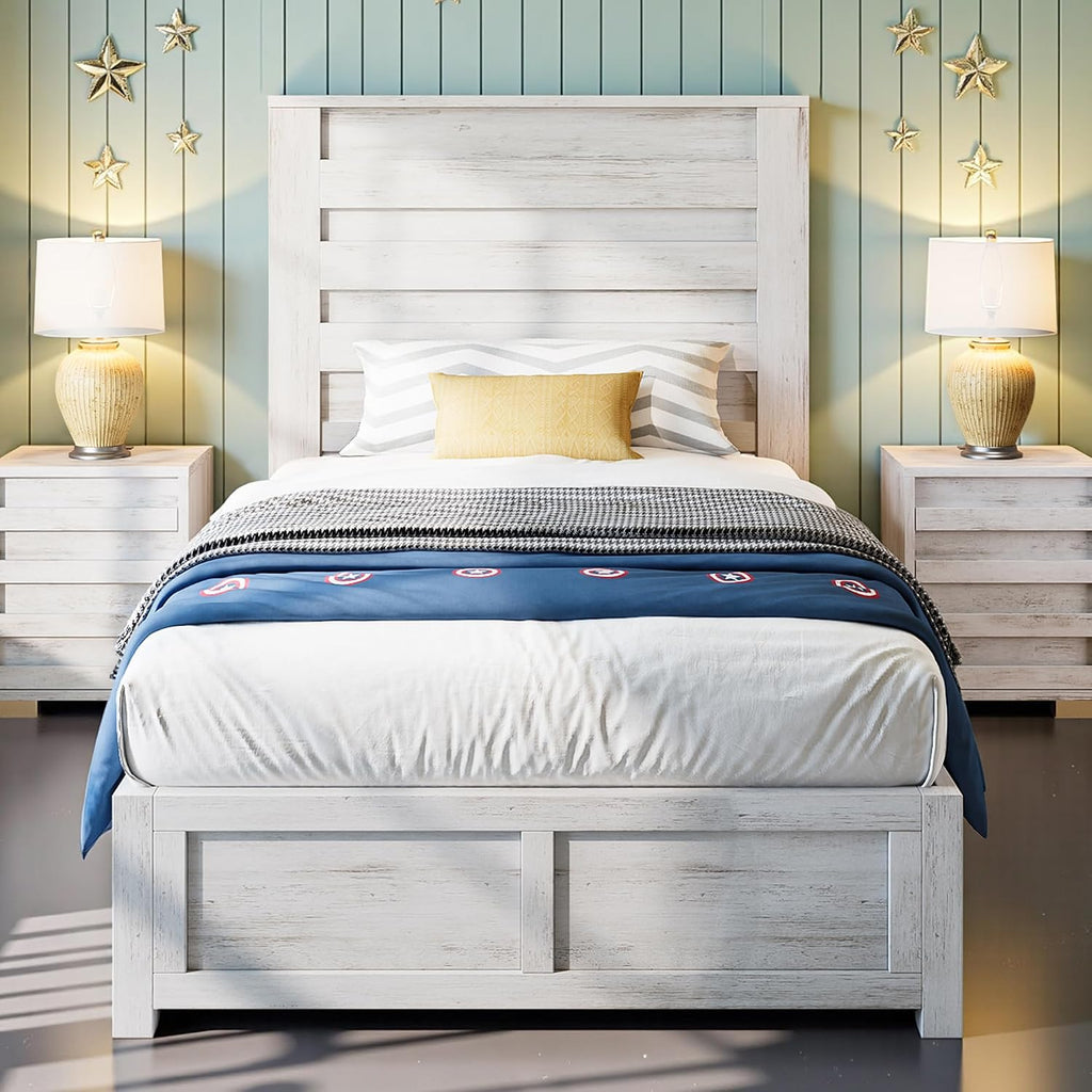 Albott Farmhouse Twin Platform Bed with 49' Fluted Headboard, Wood Bed Frame with Natural Grain Finish, No Box Spring Needed, Noise-Free, Distressed White