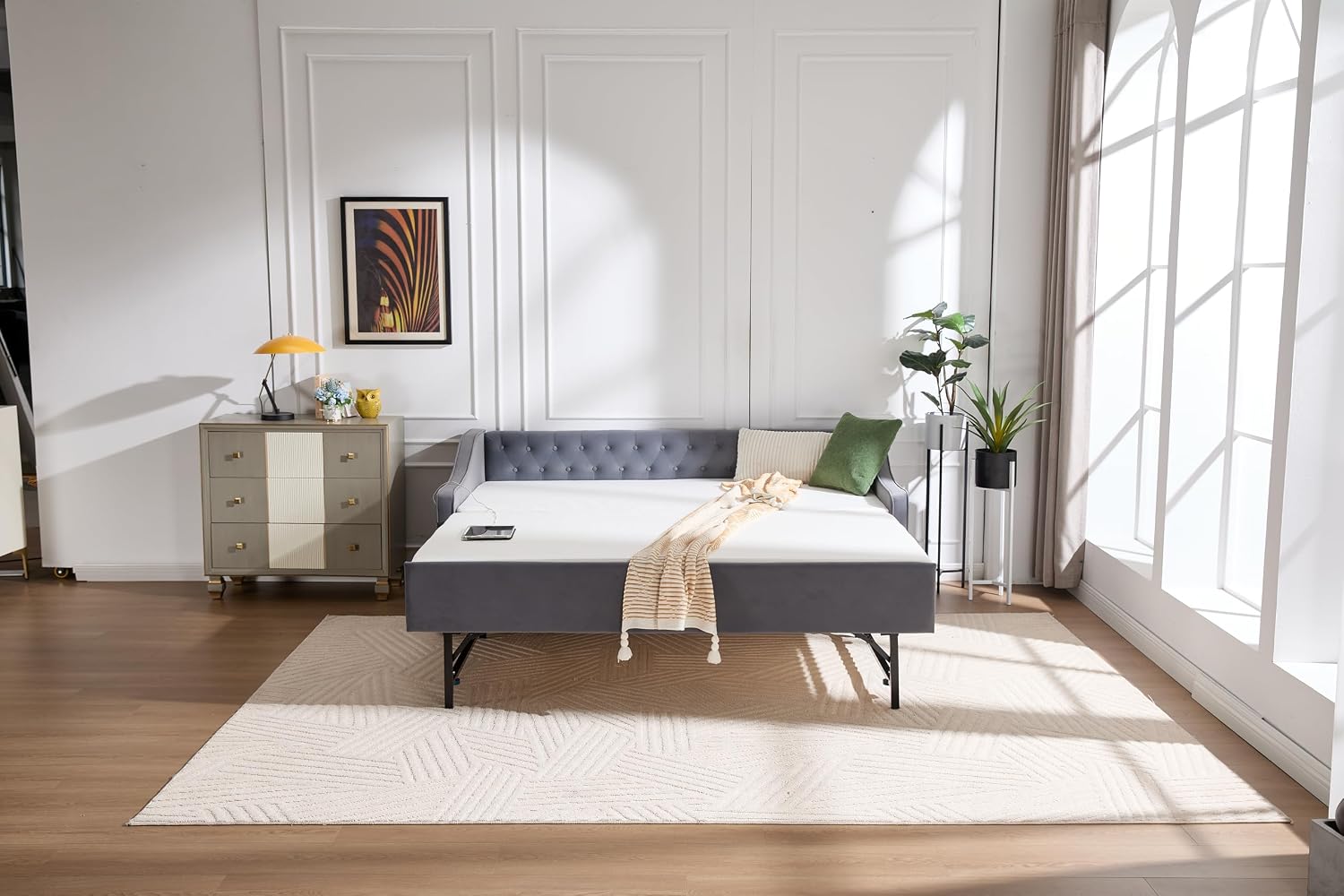Twin to King Daybed with Trundle, USB Ports Soft Upholstered Daybed with Pop Up Trundle Bed Twin, Modern Extendable Day Bed Frame for Girls Bedroom Living Room Guest Room Small Places Dark Grey