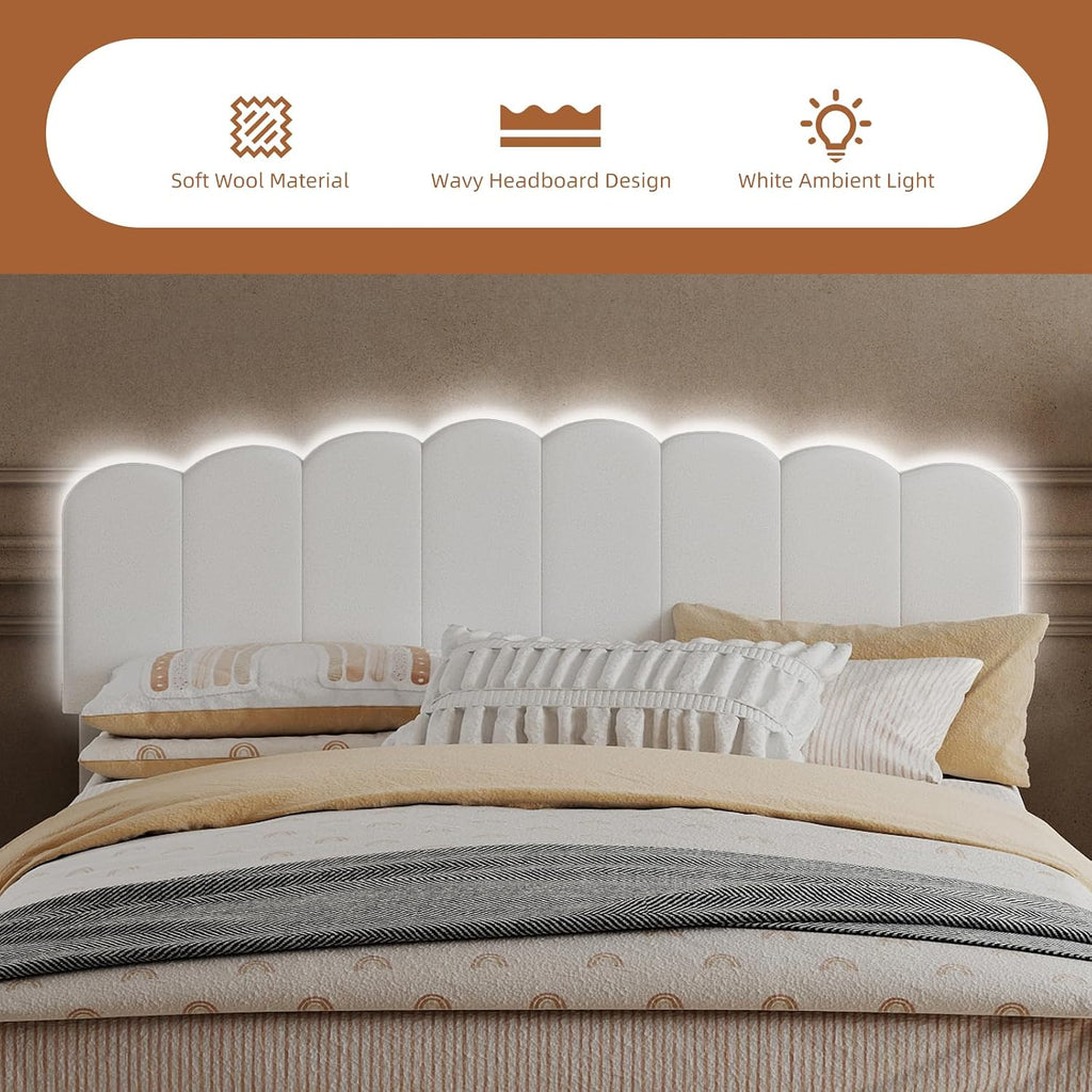 CANMOV Queen Size Bed Frame with Adjustable Headboard and Storage Drawer, Wool Upholstered Platform Bed Frame with White Ambient Light, Wooden Slats Support, White